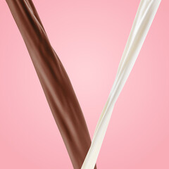 Chocolate and milk flows in air on pink background