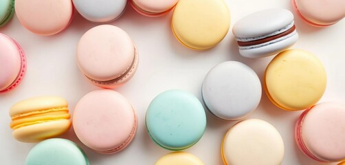 Pastel-colored macarons arranged on a white background, food photography, confectionery