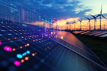 Solar panels with data overlay, showing energy production and grid connections. Wind turbines in background
