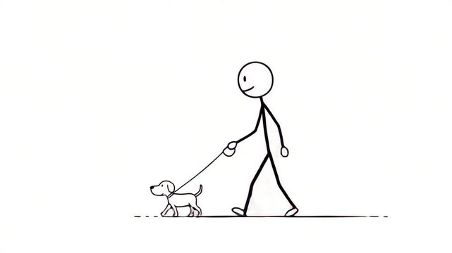 Stick figure person walking dog on leash illustration