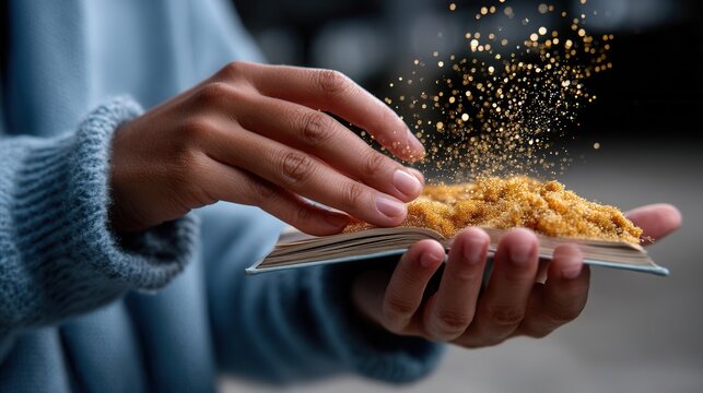 Close-up of a person sprinking golden powder onto an open book with a dark background