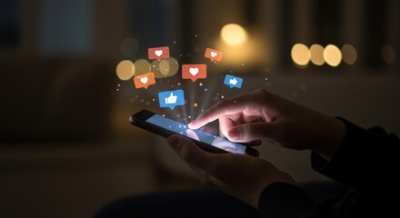 Person interacts with a smartphone displaying social media icons in a blurred background.