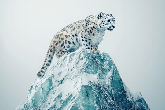 A majestic snow leopard perched atop a snow-covered, icy mountain peak, surveying its kingdom. - Powered by Adobe