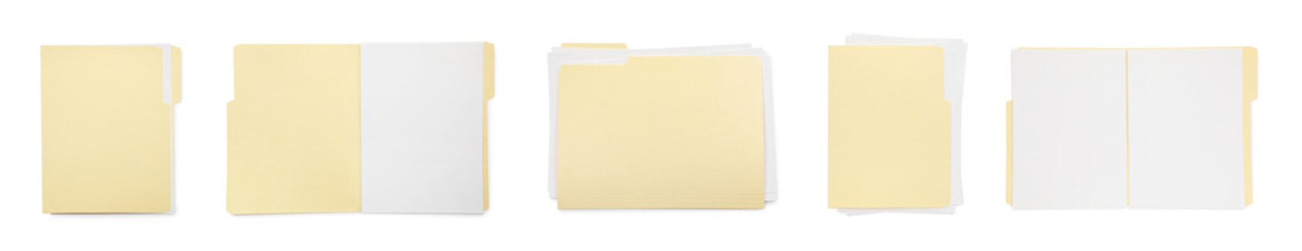 File folder with sheets of paper isolated on white, collage. Top view