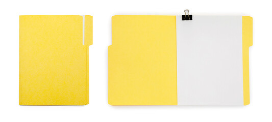 File folders with sheets of paper isolated on white, collage. Top view