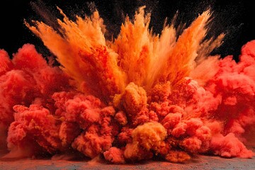 Explosive color burst. Vibrant orange and red powder explosion on black background