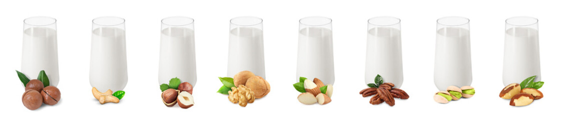 Different types of nut milk in glasses isolated on white, set