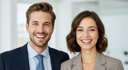 Two smiling people in business attire pose indoors with a bright background.