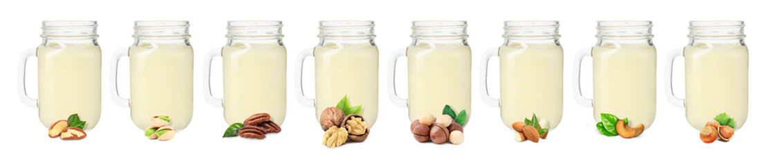 Different types of nut milk in glass jars isolated on white, set