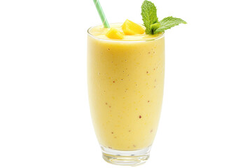 Refreshing mango smoothie in glass garnished with mint sprig and fruit chunks served with a green straw
