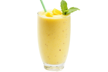Refreshing mango smoothie in glass garnished with mint sprig and fruit chunks served with a green straw