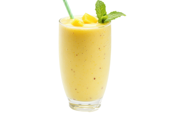 Refreshing mango smoothie in glass garnished with mint sprig and fruit chunks served with a green straw