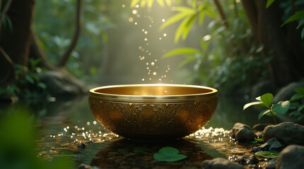Golden singing bowl on a stone in a water stream in a lush green forest surrounded by tropical plants for meditation and relaxation applications