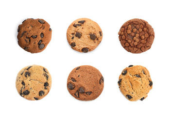 Yummy chocolate chip cookies isolated on white, set