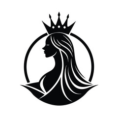 Elegant silhouette of a queen with crown and long flowing hair set in a circle design for royalty and beauty concepts
