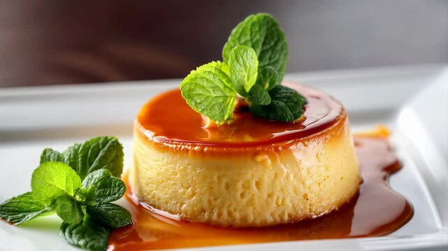 Close-up of a golden, glossy flan on a white plate, topped with a thin layer of caramel and garnished with mint leaves.