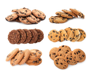 Yummy chocolate chip cookies isolated on white, collage
