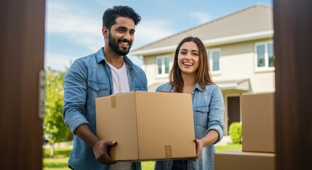 Couple carrying cardboard box in front of house smiling moving in together.