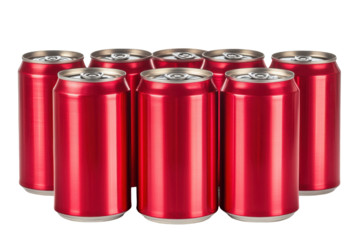 Row of 8 crimson cans a metallic gleam against the dark creating a bold  uniform display