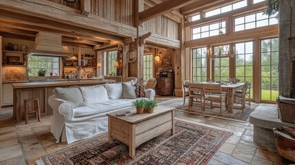 Rustic wooden cabin living area