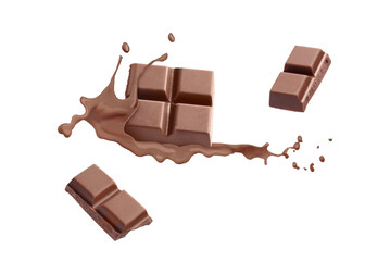 Chocolate pieces and splash of cocoa drink in air on background