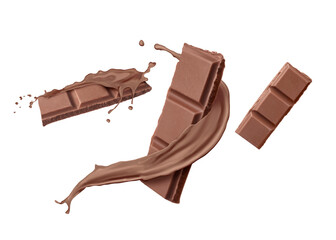 Chocolate pieces and splash of cocoa drink in air on background