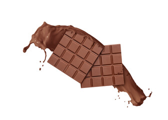 Chocolate pieces and splash of cocoa drink in air on background
