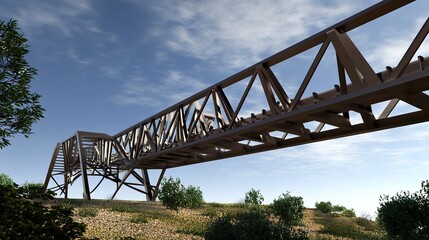 Obraz premium A bold 3D architectural concept of a cantilever bridge, with detailed trusses and angled beams rendered in metallic finishes against a natural landscape. 