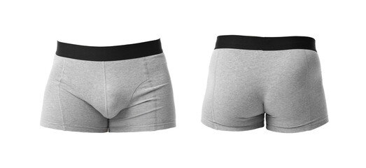 Grey menʼs underwear isolated on white, collage. Back and front views