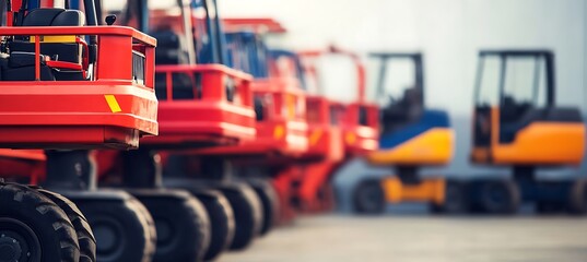 Industrial Boom Lifts Arranged Neatly at Equipment Storage Yard With Blurred Background and Empty Area on the Right