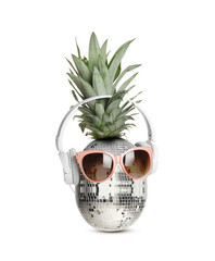 Disco ball pineapple with sunglasses and headphones on white background, creative collage