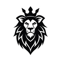 Powerful and majestic black and white lion head silhouette wearing a crown for logos and design projects