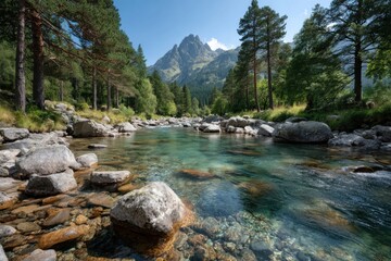 Clear mountain river flows through rocky landscape under bright blue sky, surrounded by tall trees and majestic peaks