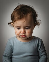 Naklejka premium Sad Toddler with Tearful Expression and Downcast Eyes, Isolated on White Background, Emotional Moment Captured of a Young Child Feeling Upset, Displaying Sadness and Innocence