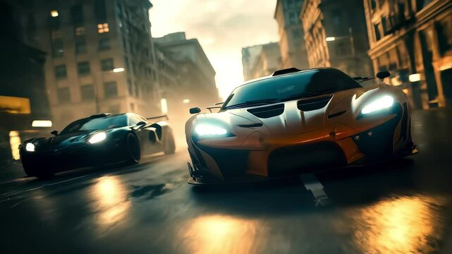  Underground street race video: supercars drive at night, city lights, high speed. Cinematic 4K CGI animation, action pursuit VFX concept. 