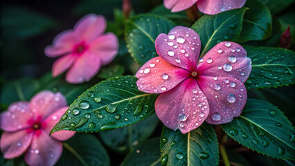 Impatiens Rainy Season Beautiful impatiens flowers glisten with raindrops during rainy season, showcasing nature vibrant colors and freshness