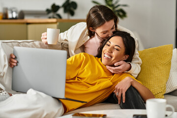 Fototapeta premium Loving couple enjoys cozy day at home with laughter and connection