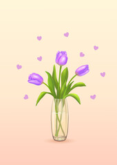 Three purple tulips stand in a glass vase on a vertical pink background with a scattering of hearts. Greeting cards. Happy Birthday. International Women's Day. Valentine's day. Vector illustration.	