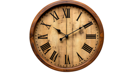 A wooden wall clock with Roman numerals, representing time?s passage in a vintage design, isolated on a transparent background