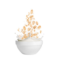 Oats and milk splashing out from bowl on white background
