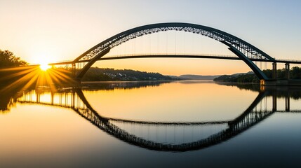 Fototapeta premium A breathtaking sunset over the New River Bridge in West Virginia, its iconic steel arch glowing against the clear sky, reflecting in the serene river below. 