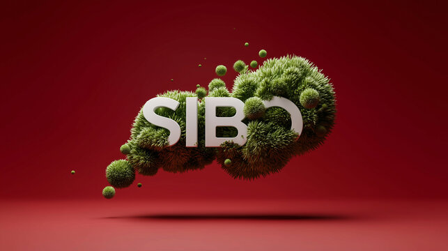 SIBO text surrounded by green viruses against a vibrant red background showcasing health awareness