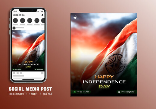 Happy Independence Day Social Media Post with Waving National Flag in the Sunset Sky, Editable Design.
