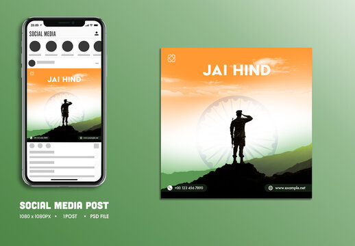 Jai, Hind Social Media Post with Indian Army Man Saluting to Ashoka Chakra at the Sky Mountain for Happy Independence Day Celebration National Festival, Editable Design.