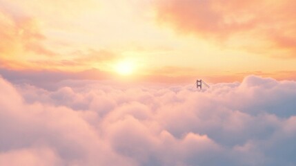A breathtaking view of the Golden Gate Bridge peeking through dense clouds, bathed in soft sunrise hues of orange and pink, creating a dreamy atmosphere.  