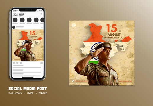 15th August, Independence Day Social Media Post with India Flag Map and Army Man in Saluting Pose, Editable Design.