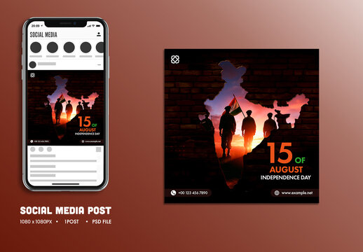 15th August, Independence Day Social Media Post with Indian Map Brick Wall and Silhouette Army, Editable Design.