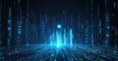 Futuristic digital city, glowing lines, and digital data streams.  Abstract cityscapes,  with vertical structures and data streams running through a central, light-filled pathway