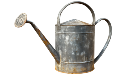 An old-fashioned metal watering can with a curved spout, symbolizing care for plants and nature, isolated on a transparent background