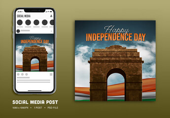 Happy Independence Day Social Media Post with India Gate and Waving National Flag, Editable Design.